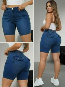Comfortable Casual Slim Fit Mid-Waist Denim Shorts, Plus Size Design With Pockets, Distressed Wash, Suitable For Spring/Summer - Dark Wash - View 2