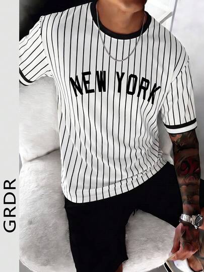  GRDR Men's American Baseball Style Striped Letter Print Short Sleeve Shorts Set, Summer Business Party Casual Comfortable Breathable