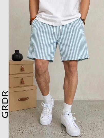  GRDR 男士度假风条纹短裤，休闲舒适简约风，及膝长度