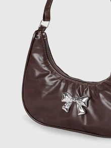 DareSee New Arrival Fashionable Metal Bowknot Decor PU Crescent Plain Arc Crescent Underarm Shoulder Handbag Halloween - Coffee Brown - View 3
