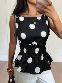 夏季法式風格無袖船領波點短版上衣，收腰黑色波點女款背心，附蝴蝶結肩帶，適合日常、度假與辦公穿著 - 黑色 - 查看 2