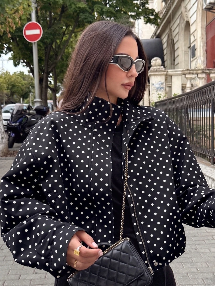 Blogger New Autumn Women Polka Dot Print Drawstring Dropped Shoulder Loose Style Jacket Black - Black - View 1