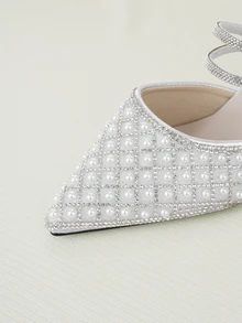 Clariva New Stylish Rhinestone & Faux Pearl Pointed Toe High Heel Mules, Suitable For Dates, Parties, Commuting And Business Wear, Spring/Autumn,Kitten Heels - Silver - View 5
