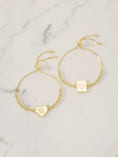 Clariva 18K Gold Plated Copper Letter "FE" Oil Drop Heart Geometric Bead Adjustable Chain Bracelet, Suitable For Men And Women