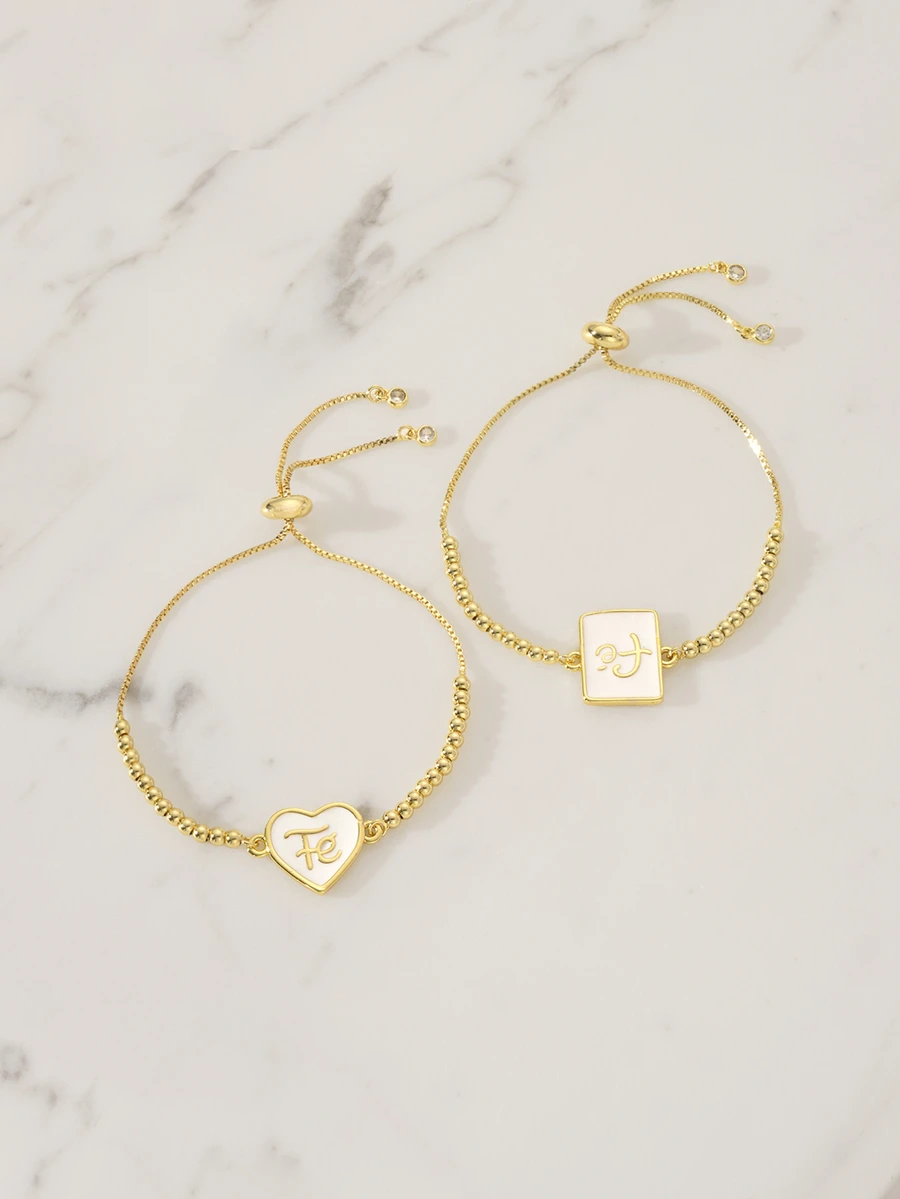 Clariva 18K Gold Plated Copper Letter "FE" Oil Drop Heart Geometric Bead Adjustable Chain Bracelet, Suitable For Men And Women - Gold - View 1