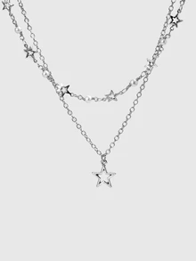DareSee 1pc Silver Metal Handmade Chain With Star & Moon Pendants Multilayer Necklace - Perak - View 2