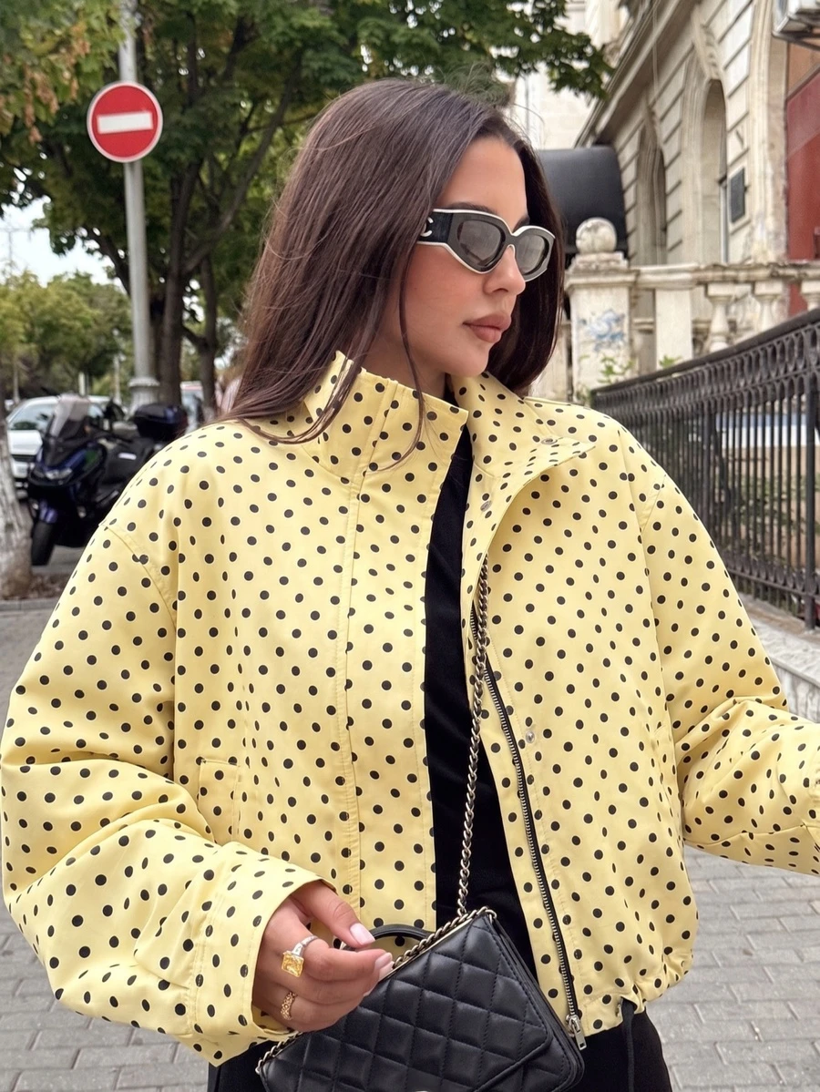 Blogger New Autumn Women Polka Dot Print Drawstring Dropped Shoulder Loose Style Jacket - Yellow - View 1