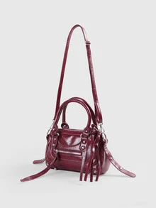 DareSee 1 pieza Bolso de mano cuadrado de material PU vintage estilo Y2K con decoración de cremallera, borlas de metal, remaches y patchwork rojo, para volver a la escuela - Rojo - Ver 4