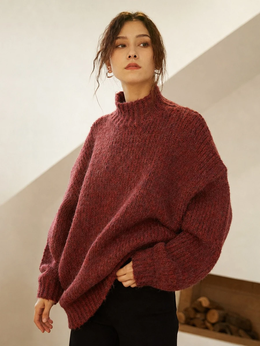 Knit Mix Áo len nữ dày dặn, cổ cao, tay dài, kiểu dáng thanh lịch, họa tiết đồng xu cổ điển tinh tế, phù hợp cho mùa thu/đông, Giáng sinh, Lễ Tạ ơn, Năm mới, thời trang thường ngày, mùa tựu trường.