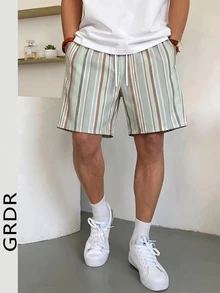 GRDR 男士度假风条纹短裤，休闲舒适简约风，及膝长度 - 綠色 - 查看 2