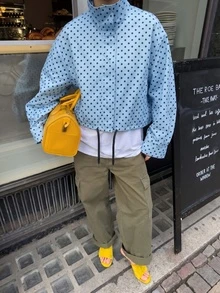 Blogger New Autumn Women Polka Dot Print Drawstring Dropped Shoulder Loose Style Jacket - Blue - View 2