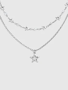 DareSee 1pc Silver Metal Handmade Chain With Star & Moon Pendants Multilayer Necklace - Perak - View 4