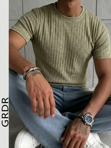 GRDR Men's Casual Minimalist Knit Short Sleeve Top, Summer - Khaki - View 1