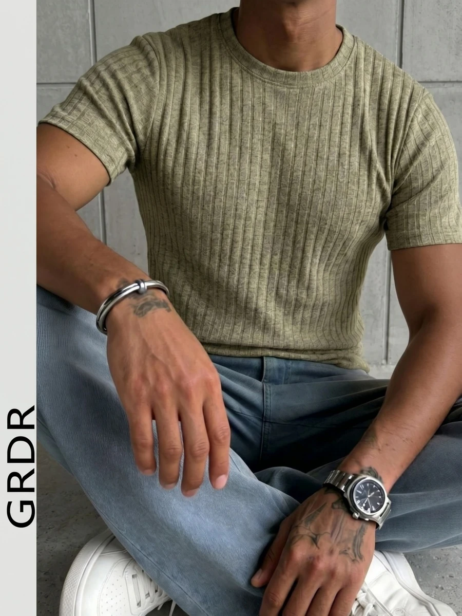 GRDR Men's Casual Minimalist Knit Short Sleeve Top, Summer - Khaki - View 1