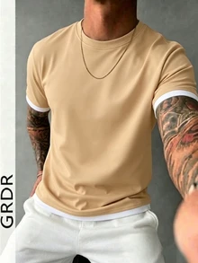 GRDR Men's Classic 2 In 1 Round Neck Short Sleeve T-Shirt, Fashionable Minimalist Commuting Versatile - Apricot - View 7