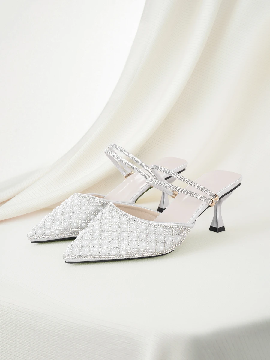 Clariva New Stylish Rhinestone & Faux Pearl Pointed Toe High Heel Mules, Suitable For Dates, Parties, Commuting And Business Wear, Spring/Autumn,Kitten Heels - Silver - View 1