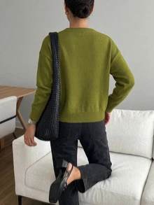 Knit Mix 優雅女款法式寬鬆針織開襟衫，聖誕節、感恩節、新年，休閒純色開襟衫，適合秋冬季節 - 墨綠色 - 查看 2
