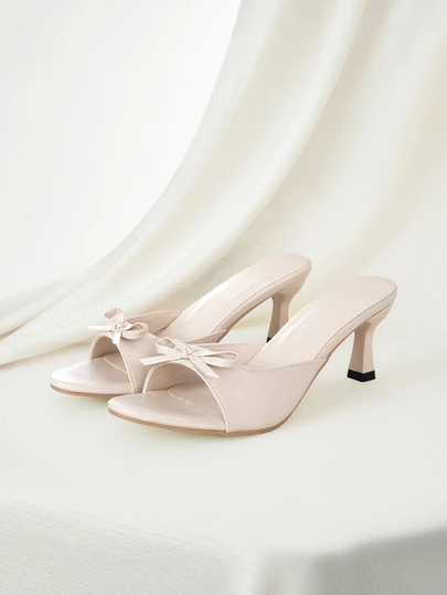 Clariva Beige Summer New Open Toe Bow Decor High Heel Sandals, Multifunctional Minimalist Stiletto Heels Suitable For Women To Pair With Dresses, Ideal For Valentine's Day