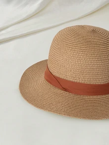Clariva 1pc Vacation Casual Woven Jazz Straw Hat - Khaki + Brown Ribbon - View 5