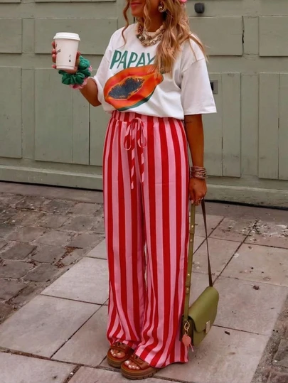Red Pink Striped Beach Vacation Relaxed Draped Casual Daily Wear Wide Leg Pants