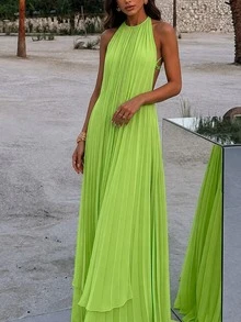 Summer Casual Vacation Solid Color Pleated Backless Tie-Back Top And Skirt 2-Piece Set Women's Outfit, Lightweight And Slightly Sheer Material, Recommended To Pair With Undershirt, Suitable For Summer Wear - Green - View 3