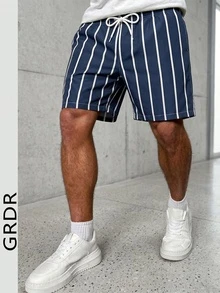 GRDR 男士度假风条纹短裤，休闲舒适简约风，及膝长度 - 藍色 - 查看 2