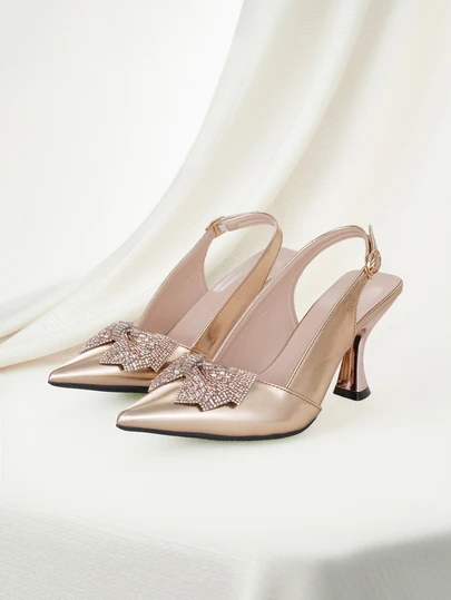 Clariva Women's Fashion Pointed Toe High Heels With Bowknot & Rhinestone Decor Valentines, Elegant, Women Pumps,Party Outfits
