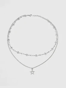 DareSee 1pc Silver Metal Handmade Chain With Star & Moon Pendants Multilayer Necklace - Perak - View 1