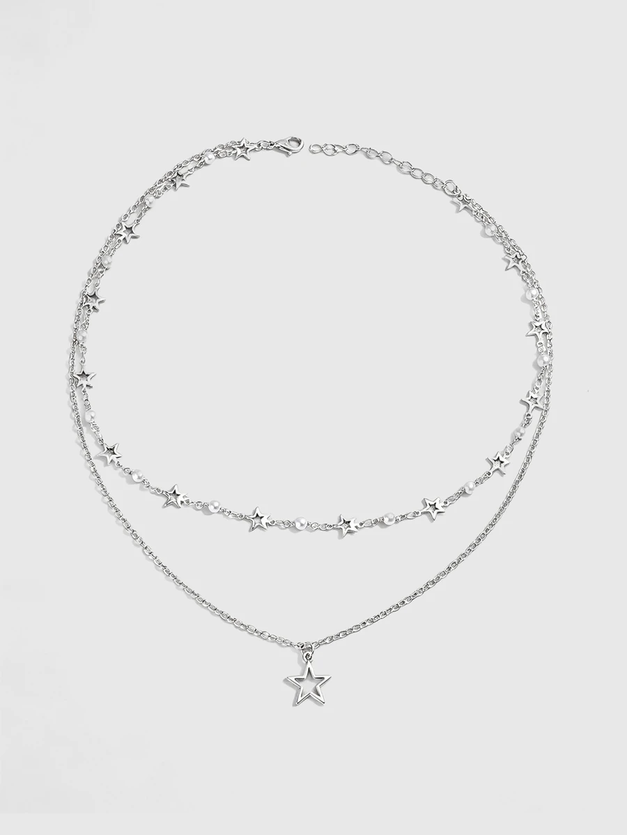DareSee 1pc Silver Metal Handmade Chain With Star & Moon Pendants Multilayer Necklace - Perak - View 1