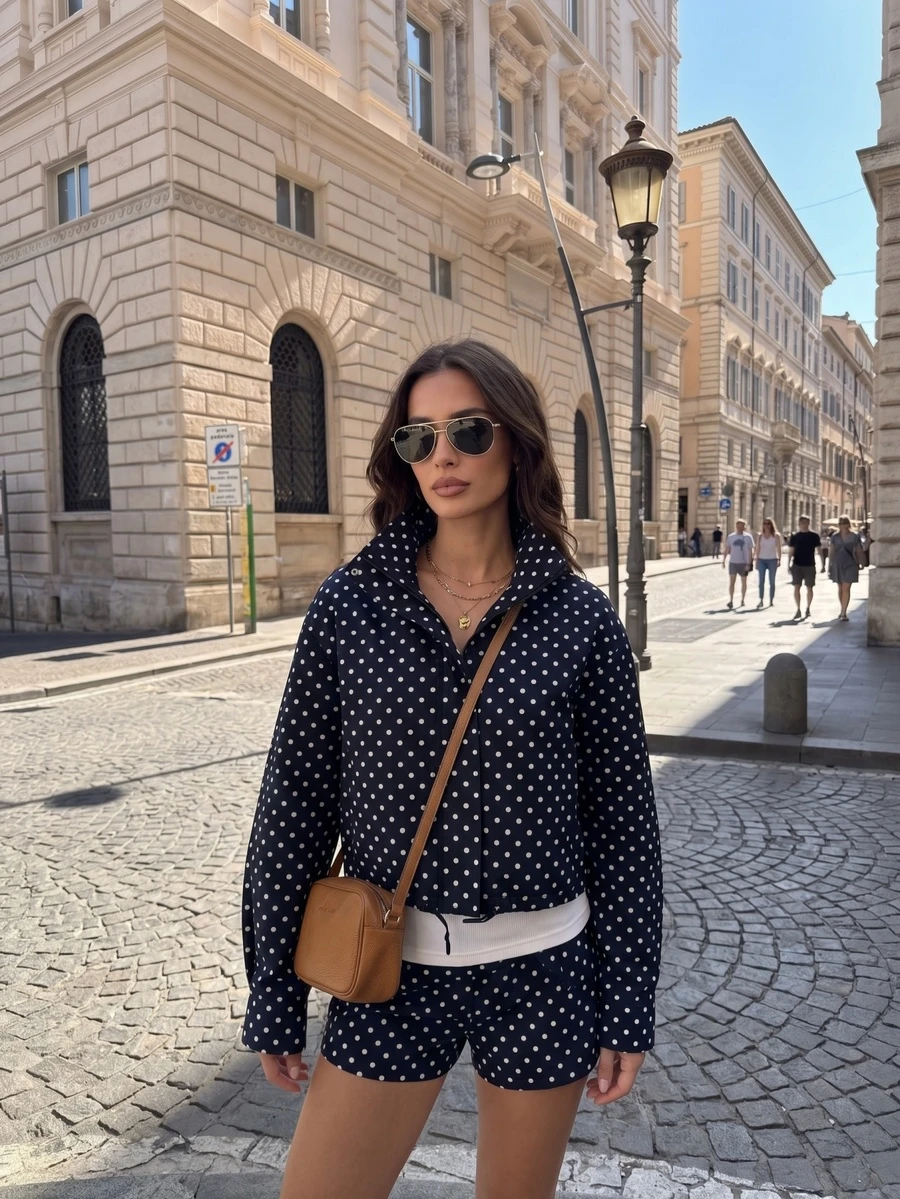 New Blogger Style Women's Polka Dot Print Drawstring Drop Shoulder Loose Jacket, Autumn - Navy Blue - View 1