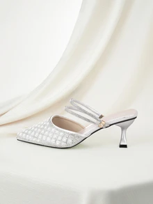 Clariva New Stylish Rhinestone & Faux Pearl Pointed Toe High Heel Mules, Suitable For Dates, Parties, Commuting And Business Wear, Spring/Autumn,Kitten Heels - Silver - View 2