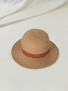 Clariva 1pc Vacation Casual Woven Jazz Straw Hat - Khaki + Brown Ribbon - View 4