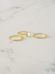 Clariva 3pcs Set Elegant Stackable Faux Zirconia Teardrop & Rectangle Symbol Rings, Symbolizing Romance & Nobility, Suitable For Daily Wear, Perfect Gift For Spring Festival & New Year - Gold - View 2
