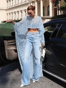 Thời trang hè và lễ hội dành cho nữ, trang phục thanh lịch cho tháng Sáu: Áo crop top dệt mỏng chấm bi cổ tròn, vạt bất đối xứng, phù hợp với váy dạ hội, khăn choàng phù dâu mềm mại, khăn choàng chiffon, áo khoác ngoài đám cưới. - Màu xanh nhạt - Xem 6