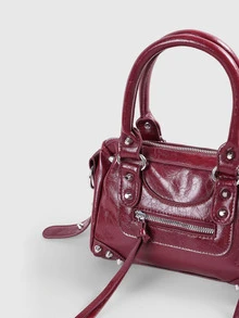 DareSee 1 pieza Bolso de mano cuadrado de material PU vintage estilo Y2K con decoración de cremallera, borlas de metal, remaches y patchwork rojo, para volver a la escuela - Rojo - Ver 6