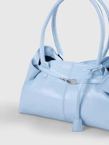 DareSee 1pc Women's Large Capacity Handbag, PU Leather Shoulder Bag, Casual Classic Minimalist Designer Business Style Bag Halloween, Lightweight Travel Purse - Dusty Blue - View 4