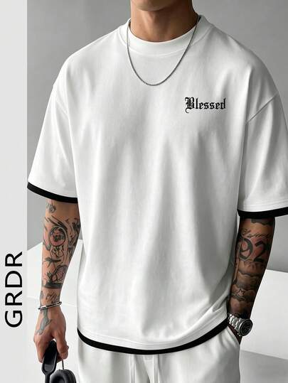  GRDR Men's Summer Classic Faux Two Pieces Minimalist Round Neck Short Sleeve T-Shirt, Casual Fashion Simple Commuting Versatile