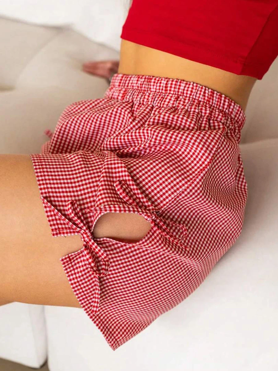 Y2K Red Plaid Bow Casual Summer Beach Vacation Going Out Cute Sweet Shorts,4th Of July Outfit Women - Multicolor - View 1