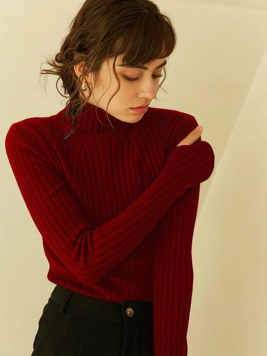 Knit Mix 優雅女款秋冬時尚休閒法式風針織高領長袖套頭毛衣返校上衣 - 酒紅色 - 查看 1