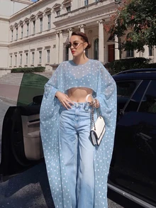 Thời trang hè và lễ hội dành cho nữ, trang phục thanh lịch cho tháng Sáu: Áo crop top dệt mỏng chấm bi cổ tròn, vạt bất đối xứng, phù hợp với váy dạ hội, khăn choàng phù dâu mềm mại, khăn choàng chiffon, áo khoác ngoài đám cưới. - Màu xanh nhạt - Xem 4