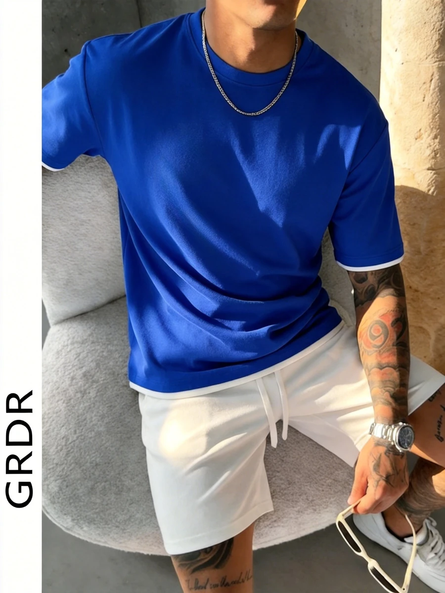 GRDR Men's Classic 2 In 1 Round Neck Short Sleeve T-Shirt, Fashionable Minimalist Commuting Versatile - Blue - View 1
