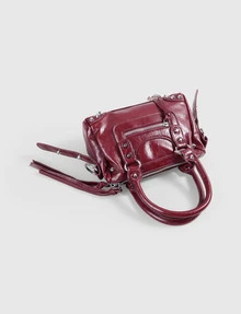 DareSee 1 pieza Bolso de mano cuadrado de material PU vintage estilo Y2K con decoración de cremallera, borlas de metal, remaches y patchwork rojo, para volver a la escuela - Rojo - Ver 5