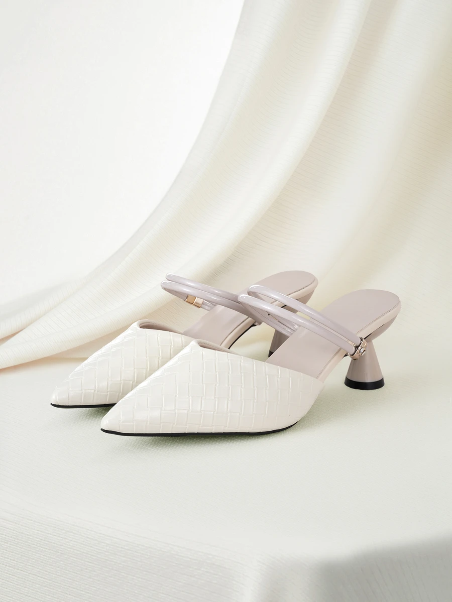 Clariva Sandal cao gót hở gót màu be kẻ caro, thời trang và đa năng, mũi nhọn, phù hợp cho mùa xuân và mùa hè. - Màu be - Xem 1