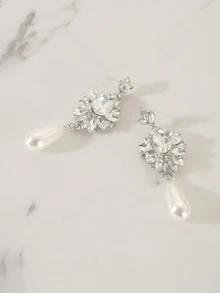 Clariva Luxury Crystal & Pearl Pendant Earrings | Floral Rhinestone Design Wedding & Formal Event Accessories - Silver White - View 3