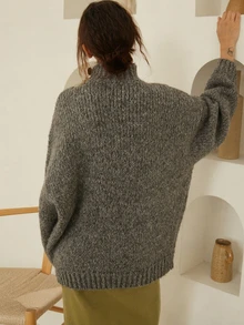 Knit Mix 優雅女款粗針織法式高領長袖毛衣，低調復古硬幣圖案套頭衫，秋季休閒款 - 灰色 - 查看 3