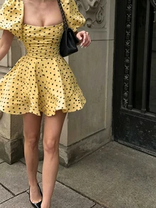 Yellow Polka Dot Mini Dress, Back Adjustable Strap, Cute Summer Dress With Short Ruffled Puff Sleeves, Beach Vacation Outfit Elegant - Yellow - View 2