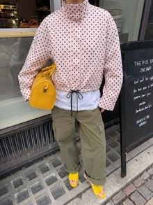 Blogger New Autumn Women's Polka Dot Print Drawstring Dropped Shoulder Loose Style Jacket Pink - Pink - View 2