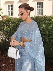 Thời trang hè và lễ hội dành cho nữ, trang phục thanh lịch cho tháng Sáu: Áo crop top dệt mỏng chấm bi cổ tròn, vạt bất đối xứng, phù hợp với váy dạ hội, khăn choàng phù dâu mềm mại, khăn choàng chiffon, áo khoác ngoài đám cưới. - Màu xanh nhạt - Xem 3