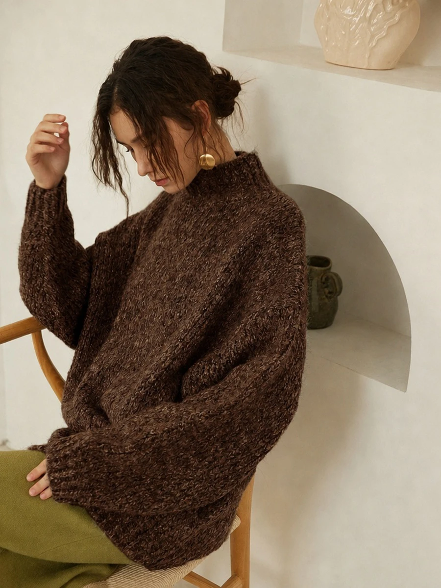 Knit Mix 優雅女款粗針織法式高領長袖毛衣，低調復古硬幣圖案套頭衫，秋季休閒款
