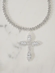 Clariva 1pc Luxury Full Crystal Cross Pendant Necklace - Silver - View 2